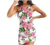 Dresses for Women UK Summer Sleeveless Tank Dress Ribbed Knit Sundress Floral Print Boho Beach Vest Dresses Slim Printed Mini Dress Sexy Bodycon Ladies Casual Vintage Sundresses