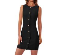 Dresses for Women UK Summer Solid Colour Sleeveless Button Down Back Zipper Tank Mini Dress Casual Round Neck Pleated Sundress Loose A Line Swing Tunic Short Dress Ladies Plain Dresses Black