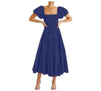 Dresses for Women UK Summer Womens Maxi Dress Puff Sleeve Tunic Dress Shirred Dresses for Women UK Hawaiian Dress Sundress Solid Color Casual Dresses for Women UK Blue