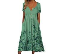 Dresses for Women UK V Neck Short Sleeve Midi Dress with Pockets Floral Button Casual Summer Loose Dresses Party Beach Boho Calf Length Dress Ladies Elegant Party Going Out Dresses Milk Maid Dress