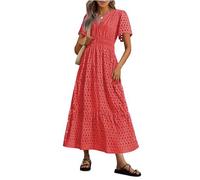 Dresses for Women UK Wedding Guest Dress Short Sleeve Casual Boho V Neck Hollow Out Eyelet Ruffle Swing A Line Cotton Long Flowy Beach Vacation Evening Dresses with Pockets