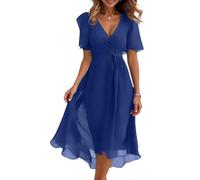 Dresses for Women UK, Women's Floral Print Chiffon A-Line Midi Dress Short Sleeve V Neck Tie Waist Casual Flowy Evening Dresses for Special Occasions Wedding Guest Personalised Gifts,Blue,L,u762k
