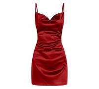 Dresses for Women UK Women's Satin Sleeveless Spaghetti Strap Mini Dress Sexy Slip Cowl Neck Silky Dresses 2024 Bodycon Dresses for Women UK (Wine, XL)
