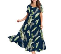 Dresses for Women UK, Womens Summer Maxi Boho Beach Dress Floral Print Sundress Crew Neck Short Sleeve High Waist Flowy Tiered Long Dresses 30th Birthday Gifts for Women,Dark Green,M,u164k