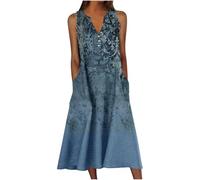Dresses for Women Women's Spring V Tie Button with Pocket Loose Casual Sleeveless Dress Wedding Guest Dresses for Women (Blue, XL)