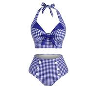 DRESSFO Women's Bikini Set Halter Two Piece High Waisted Swimsuit Plaid Retro Tummy Control Tankini Bathing Suit, Blue_2, Medium