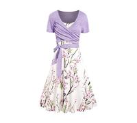DRESSFO Women's Floral Print Sundress 2 Piece Sumer Dress Set Short Sleeve Wrap Tops and A Line Pleated Swing Dress, Purple_1, S