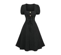 DRESSFO Women's Gothic Puff Sleeve A-Line Dress - Lace Up Textured Mini Dress with Mock Buttons and Square Neck, Black, M