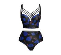 DRESSFO Womens Gothic Retro Skull Rose Mushroom Bikini Set, Deep Blue, Large