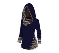 DRESSFO Women's Tribal Stripe Hooded Knit Top - Long Sleeve Pullover Sweatshirt with Mock Button Detail, Midnight Blue, Large