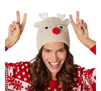 dressforfun 303620 Unisex Santa Reindeer Hat with red Snub Nose and Antlers, Knitted Christmas Beanie, beige