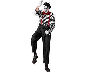dressforfun 901036 Men’s Classic Mime Costume, Six-piece Outfit, Black Trousers & Top, White Gloves & Red Braces, Party Halloween Cosplay (XXL)