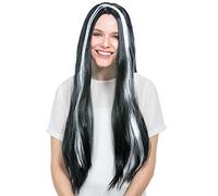 dressforfun Flame wig, long black Hair with streaks, devil costume vampire witch (black/white | no. 300732)