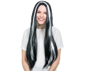 dressforfun Flame wig, long black Hair with streaks, devil costume vampire witch (black/white | no. 300732)