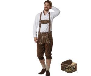 dressforfun Lederhosen for Men with Traditional Embroidery & Bone Buttons, Authentic Mens Fancy Dress Costume with Matching Braces, Belt & Buckle, Ideal Stag Do & Oktoberfest Outfit - Dark Brown