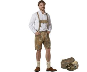 dressforfun Lederhosen for Men with Traditional Embroidery & Bone Buttons, Authentic Mens Fancy Dress Costume with Matching Braces, Belt & Buckle, Ideal Stag Do, Festival & Oktoberfest Outfit - Oak