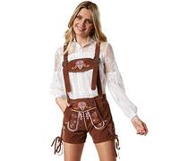 dressforfun Women's Lederhosen with Removable Braces, Colourful Hearts & Floral Embroidery, Adjustable Fit, Bavarian Fancy Dress for Women, Ideal as Oktoberfest Outfit & Halloween Costume - S Brown
