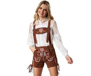 dressforfun Women's Lederhosen with Removable Braces, Colourful Hearts & Floral Embroidery, Adjustable Fit, Bavarian Fancy Dress for Women, Ideal as Oktoberfest Outfit & Halloween Costume - M Brown