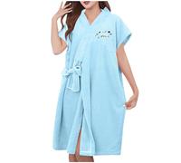 Dressing Gown for Women UK Soft Plush Robes Short Sleeve Tie Waist Bathrobe Spring Wrap Bath Robe Nightwear Casual Loose Mid-Length Robe Short Housecoat Sleepwear Loungewear Sky Blue