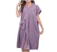 Dressing Gown for Women UK Soft Plush Robes Short Sleeve Tie Waist Bathrobe Spring Wrap Bath Robe Nightwear Casual Loose Mid-Length Robe Short Housecoat Sleepwear Loungewear Purple
