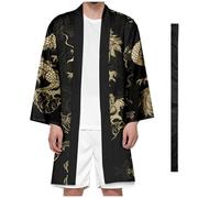 Dressing Gown Men Lightweight Kimono Bathrobe Plus Size Printed Dragon Japanese Sleepwear with Belt,Black-XXL
