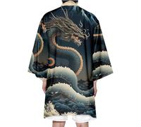 Dressing Gown Men Lightweight Kimono Bathrobe Plus Size Printed Dragon Japanese Sleepwear with Belt,Blue-XL