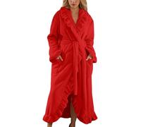Dressing Gown Womens Fluffy Soft Lace Trim Bathrobes Wrap Tie Waist Absorbent Robe For Women Ruffled Hem Plush Fleece Ladies Dressing Gowns Shawl Collar Solid Color Drying Robes