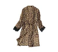 Dressing Gown Womens Leopard Printed Bath Robe Satin Silk Bathrobe Lace Paneled Nightdress Plus Size Nightgown with Belt Long Elegant Nighties for Brides Weddding Party Pyjamas