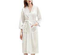 Dressing Gown Womens Lightweight Waffle Full-Length Robe Gowns Long Bathrobe Soft Luxury Dressing Gown Pajamas V Neck Long Sleeves Bath Robes with Belt