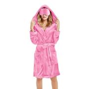 Dressing Gown Womens Robe with Eye Mask Flannel Fleece Hoodie Ladies bathrobe with Pockets Hooded Fluffy Solid Colour Cozy Robes Wrap Tie Waist Knee Length Sleepwear Pyjamas Nightwear