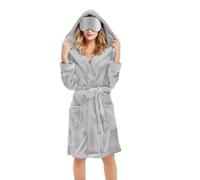 Dressing Gown Womens Robe with Eye Mask Flannel Fleece Hoodie Ladies bathrobe with Pockets Hooded Fluffy Solid Colour Cozy Robes Wrap Tie Waist Knee Length Sleepwear Pyjamas Nightwear