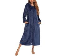 Dressing Gowns for Women UK Fluffy Bath Robes Zip Hooded Dressing Gown Winter Warm Flannel Pyjamas Ladies Super Soft Bathrobe with Pockets Cozy Fleece Bath Robe Long Sleeved Housecoats Nightgown Navy