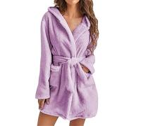 Dressing Gowns for Women UK Fluffy Short Terry Towelling Bathrobe Women Ladies Dressing Gown with Hood Nightwear Super Soft Flannel Housecoat Wrap Tie Waist Dressing Gown Fleece Loungewear