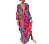 Dressing Shirts for Women Sexy 3X Women Casual V Neck Button Printing Dresses Long Sleeves Midi Dress Casual Loose Beach Dress Long Cocktail Dress (Hot Pink, XL)