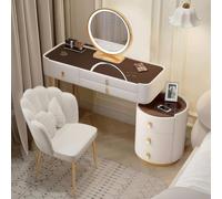 Dressing Table & Chair set, Vanity Table w/ 3-Color LED Lights Mirror, Glass Top Makeup Table with 6 Drawers for Bedroom, Side Cabinet Flexible Assembly,White 39.4in