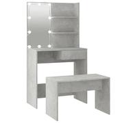 Dressing Table Set Concrete Grey with LED Lighting, Wood Composite Cosmetic Table with Mirror, Stool and Storage Space, Makeup Table for Bedroom, Girls' Room, Bathroom, with USB Light