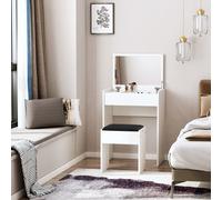 Dressing Table Set Padded Stool Dresser with Flip-up Mirror Multi-purpose - White