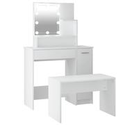 Dressing Table Set White with LED Lighting and Stool Made of Wood 86.5 x 35 x 136 cm with Storage Space, Mirror and USB Port, Ideal for Bedroom
