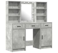 Dressing Table Set with LED Lighting and Door Concrete Grey Wood Material 3-Piece with Mirror Drawer Storage Space for Bedroom and Girls' Room