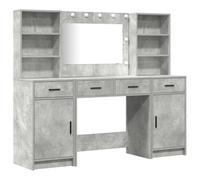 Dressing Table Set with LED Lighting, Concrete Grey Wood Material, 3-Piece with Acrylic Mirror, 4 Drawers, 6 Shelves, Door, USB Power Source