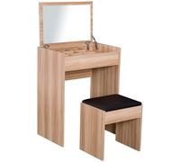 HOMCOM Two Piece Dressing Table Set With Padded Stool Flip Up Mirror Natural Wood Grain Effect, Brown