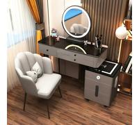 Dressing Table Vantity Table with Flip-top Mirror and Rolling Stool LED Lights Integrated Makeup,Dressing Table with Wireless Charging Station and Lighted Mirror, Modern Vanity Desk with Blu
