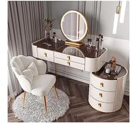 Dressing Table Vantity Table with Flip-top Mirror and Rolling Stool LED Lights Integrated Makeup,Solid Wood Makeup Table Set with Illuminated Mirror LED Lighting Drawers Side Cabinet & Chair