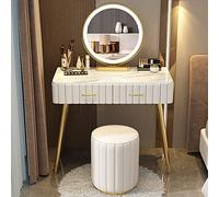 Dressing Table Vantity Table with Flip-top Mirror and Rolling Stool LED Lights Integrated Makeup,Touch Screen Lighted Vanity Desk with Drawer & Stool - Makeup Table for Bedroom or Dressing R