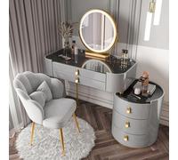 Dressing Table Vantity Table with Flip-top Mirror and Rolling Stool LED Lights Integrated Makeup,Vanity Set with LED Lighted Mirror Glass Top Drawers Side Cabinet Stool 3 Color Lighting Opti