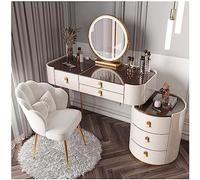Dressing Table Vantity Table with Flip-top Mirror and Rolling Stool LED Lights Integrated Makeup,Vanity Table Set with Lighted Mirror Glass Top Spacious Drawers Side Cabinet and Chair - Larg
