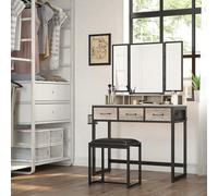 Dressing Table With Folding Mirror, 3 Pieces Set, Makeup Table With Padded Stool, 3 Drawers, Greige And Black