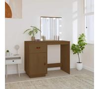 Dressing Table with LED Lighting Honey Brown Solid Pine Wood 95 x 50 x 133.5 cm with Mirror, Drawer, Storage Space and Shelf for Bedroom and Bathroom