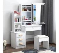 Dressing Table with Light, Vanity Desk with 4 Drawer, Adjustable Brightness, Large HD Mirror, 6 Storage Areas, Dressing Table with- Mirror and Stool, Wooden White Makeup Desk for Bedroom White