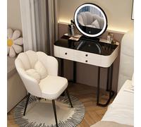 Dressing Table with Lighted Mirror, Modern Makeup Vanity Desk with 3 Large Drawers, Cushioned Chair, Black Tempered Glass Top for Girls Bedroom,White 31.5″